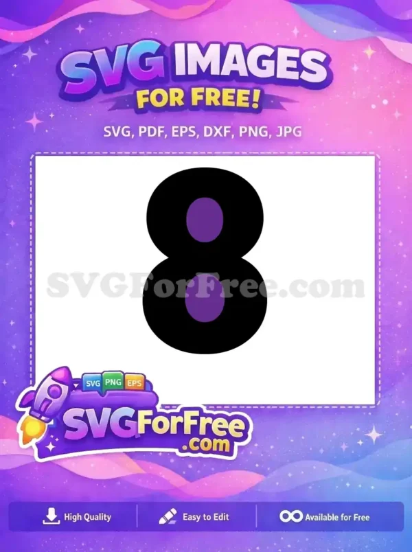 Free Number Eight Design – Bold & Modern Free SVG Art A striking free SVG of the number eight, featuring a bold black outline with two vibrant purple circular fills. An eye-catching free design.
