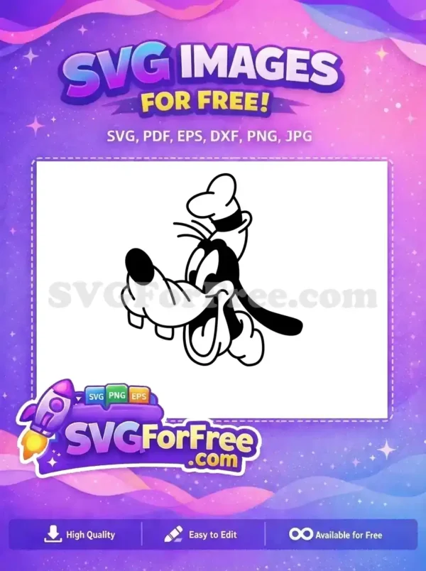 A free Goofy chef cartoon character head, smiling with a chef's hat, in a bold black and white outline SVG design.