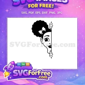 A delightful free design featuring a cartoon girl with an afro and bow peeking from behind a wall. Grab this free SVG!