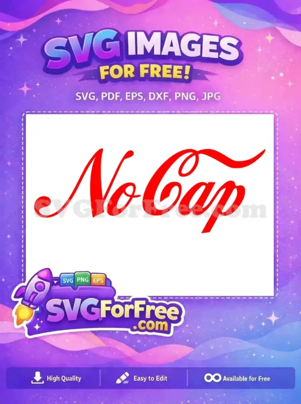 Free ‘No Cap’ Script SVG – Iconic Red Design Free Download A free 'No Cap' text design in a vibrant red, Coca-Cola inspired script font, perfect for free creative projects.