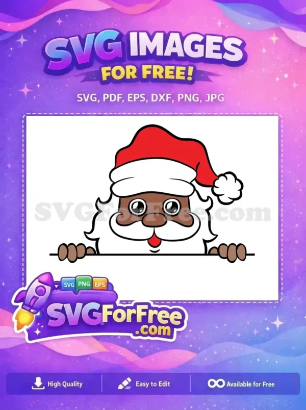 A charming free Santa Claus SVG, with a brown skin tone, peeking over a white surface, ideal for diverse holiday crafts.
