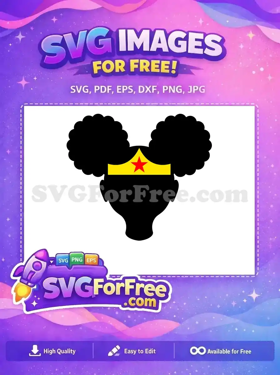 Free SVG of a black woman's silhouette with afro puffs and a Wonder Woman tiara, symbolizing strength and style.