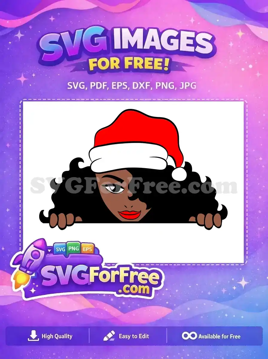 Free design of a beautiful woman with a Santa hat, peeking playfully. Curly hair, expressive eye, and red lips make this a captivating free SVG.