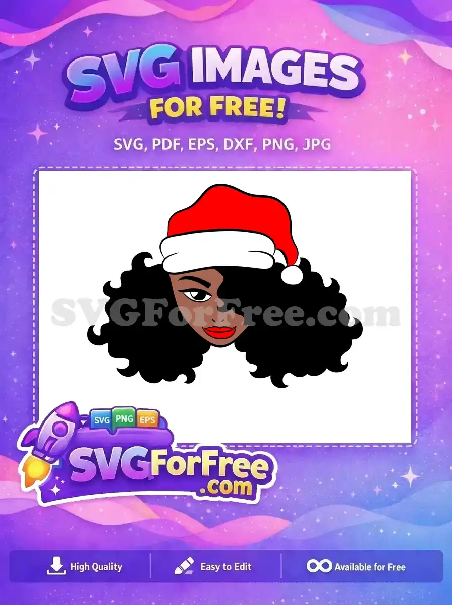 Discover this free design: a vibrant illustration of a Black woman with voluminous curly hair wearing a festive Santa hat. Perfect for holiday projects.