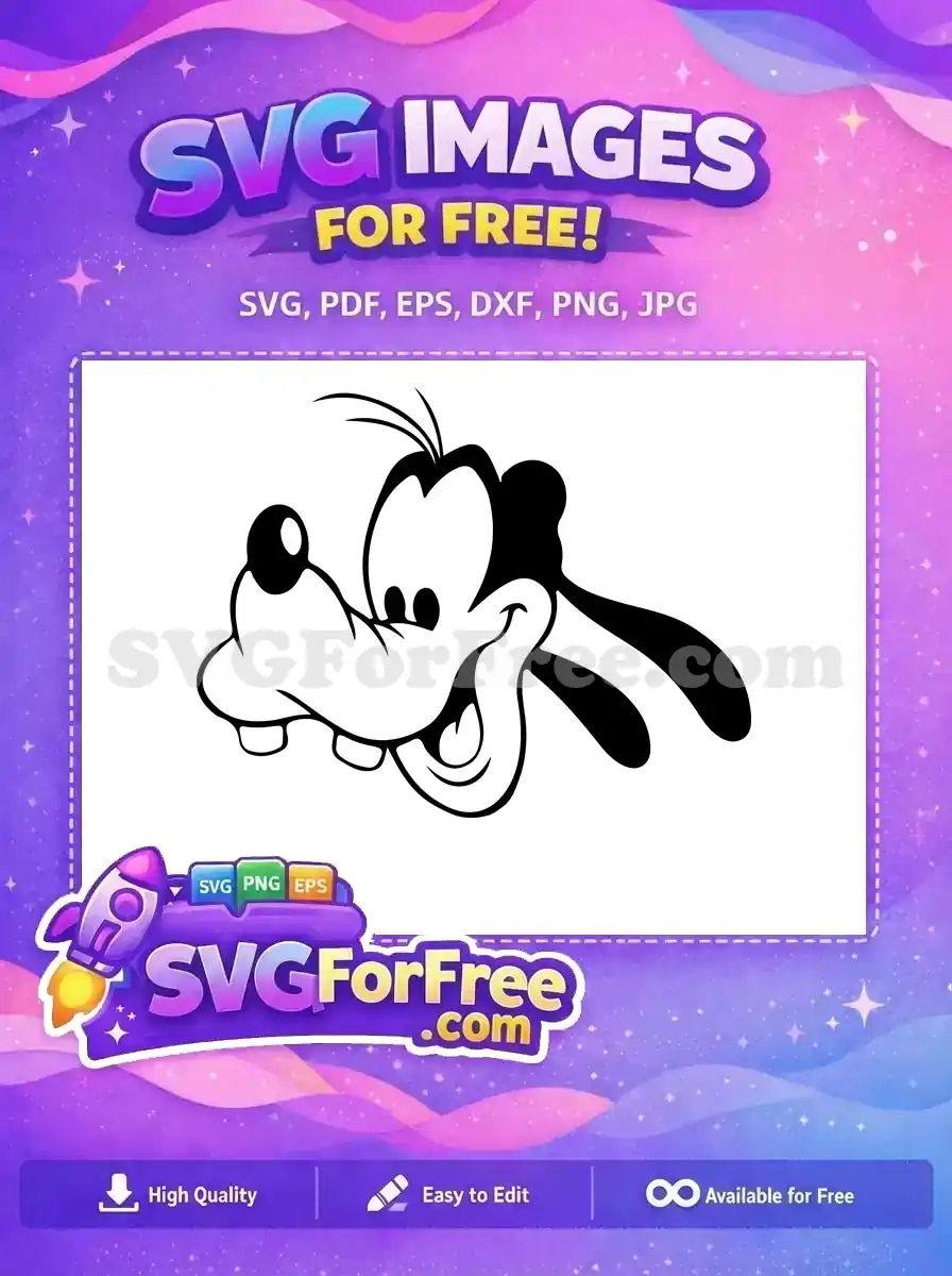 A free black and white outline of Goofy's head, smiling, ideal for free crafting and digital designs.