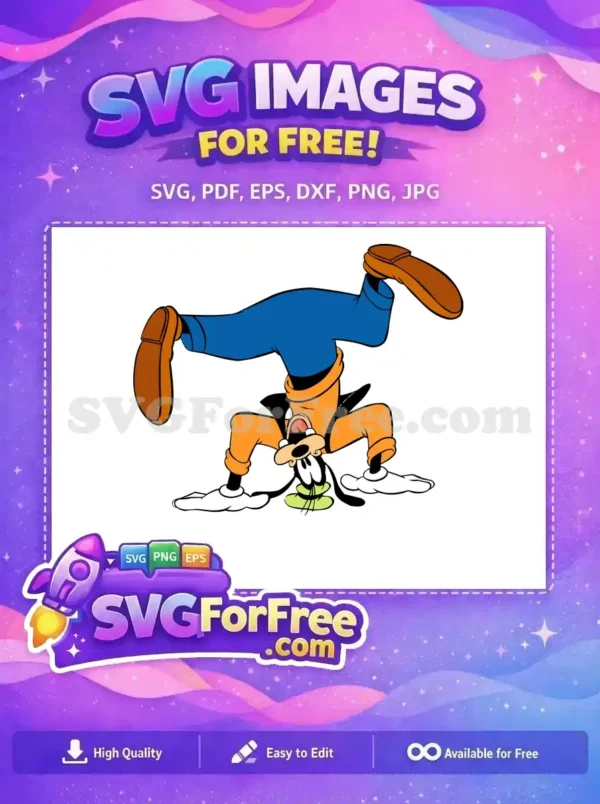 Free Goofy SVG design featuring the beloved character doing a playful handstand. This free vector is vibrant and fun!