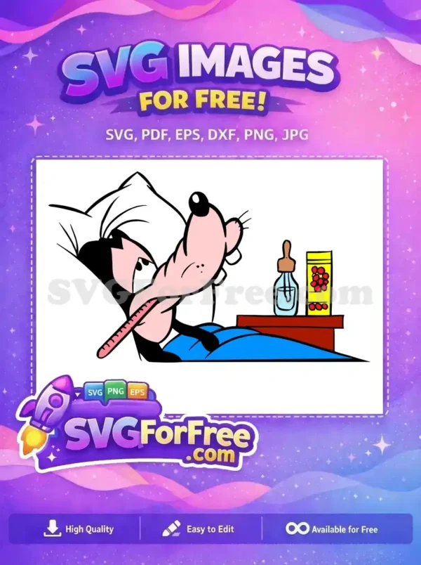 Free Sick Character SVG: A Humorous Health Design for Crafting A free SVG of a cartoon character, possibly Goofy, sick in bed with a thermometer. Essential free design for health themes.