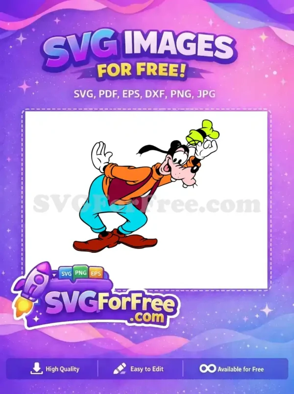 A dynamic, free Goofy design, joyfully reaching forward with a wide smile. This free SVG cartoon is ideal for fun projects.
