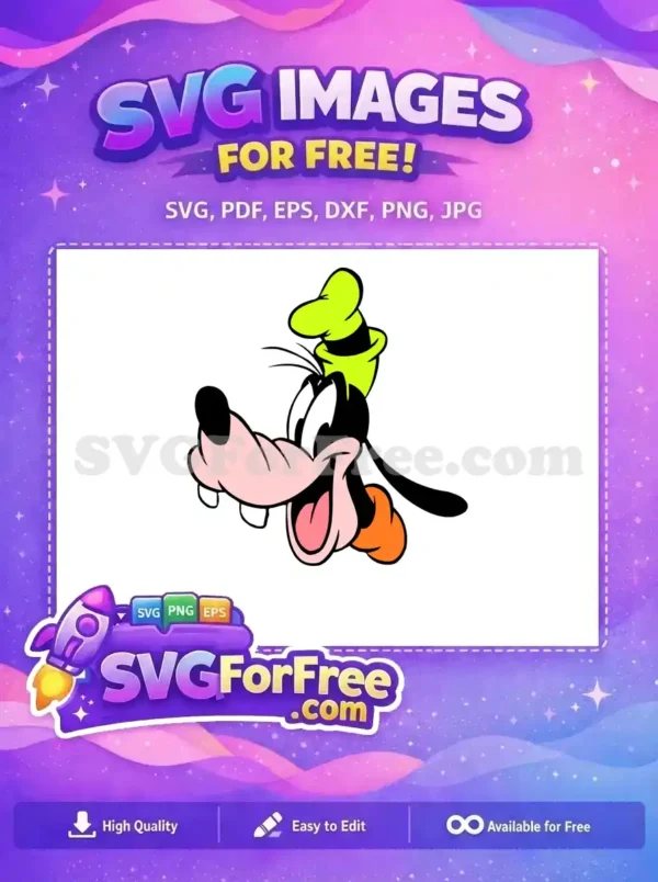A vibrant free SVG of Goofy's smiling face, tongue out, wearing his iconic green hat; ideal for various creative projects.