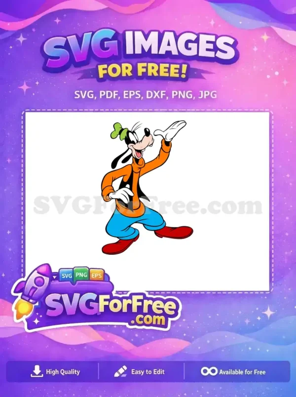 A vibrant, free SVG of Disney's Goofy in a cheerful pose, perfect for free crafting and digital projects. A truly free design.