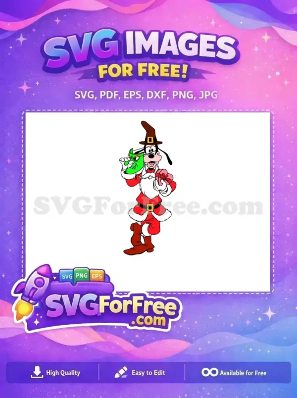 A free design of Goofy dressed as Santa Claus, holding a vibrant green mask and a pink heart-shaped gift box, ready for holiday fun.
