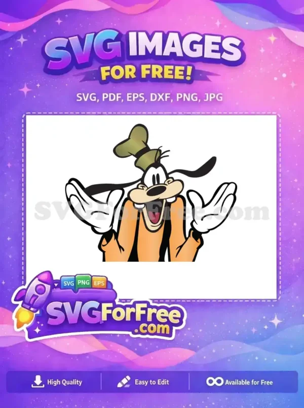 A free SVG of Disney's Goofy, hands up in a cheerful pose, wearing his iconic hat and orange shirt. Ideal for fans.