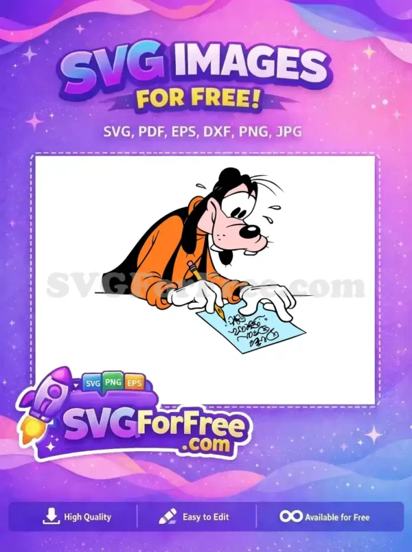 Discover this free Goofy character SVG, diligently (and comically) struggling with writing. A fantastic free design for all fans!