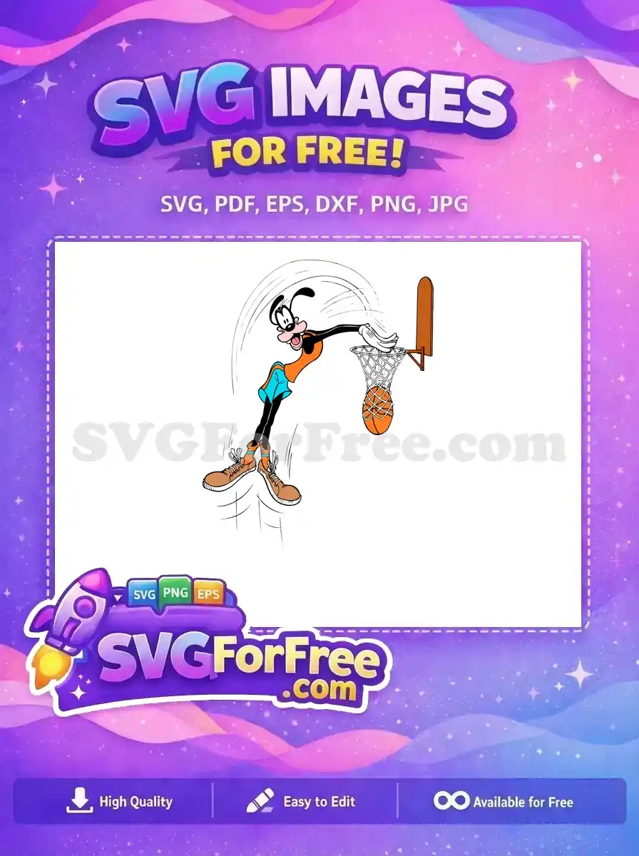 Dynamic free design featuring Max Goof mid-air, making a basketball shot. This free SVG captures lively cartoon sports action!
