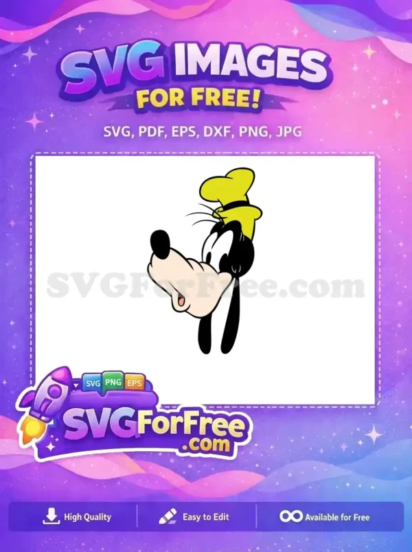 Free Goofy SVG design featuring his iconic, cheerful face and yellow hat. Perfect free vector for crafts and digital projects.