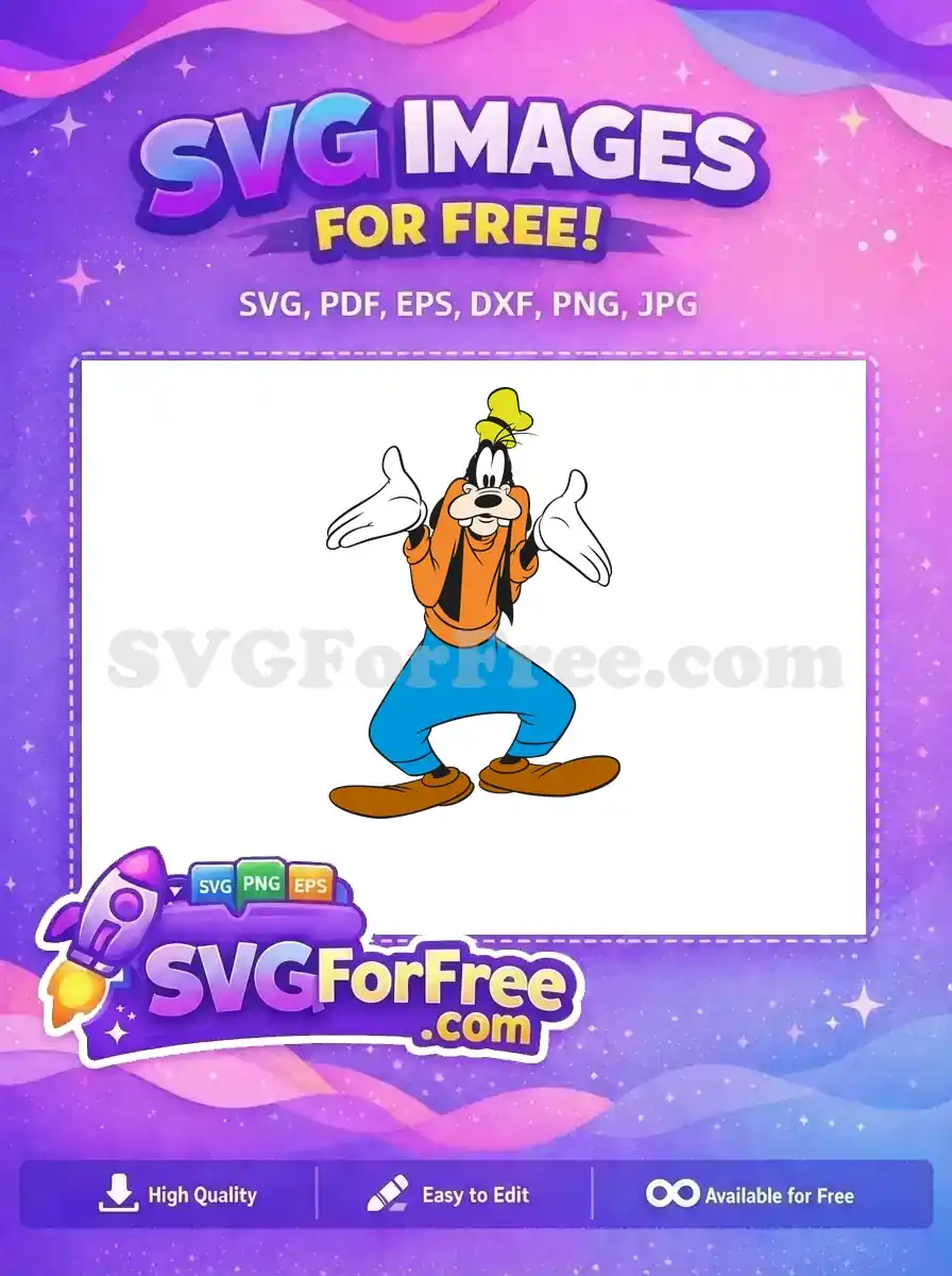 A free Goofy cartoon character SVG design, standing with hands up, expressing confusion or a shrug. Perfect free vector art.