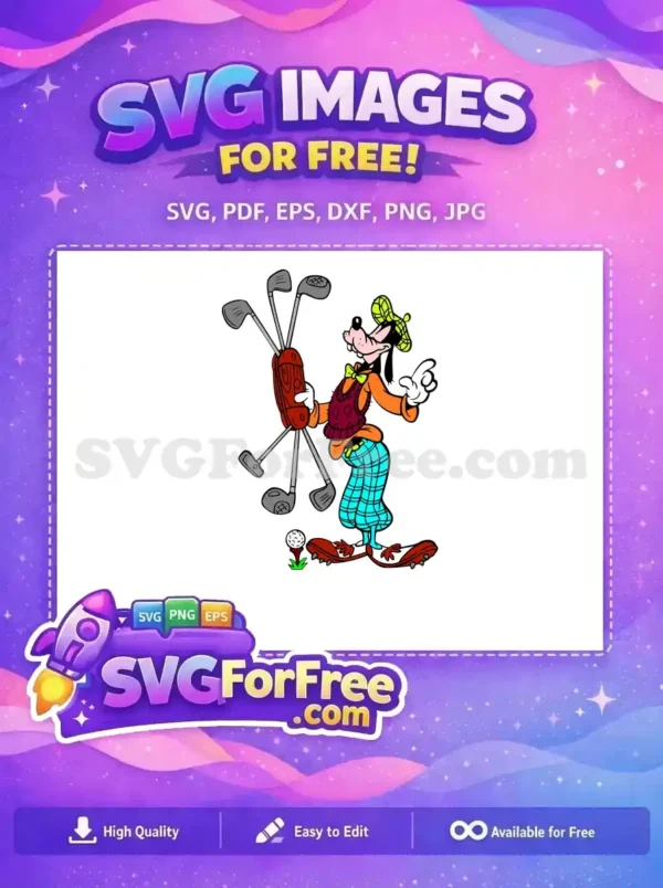 A free Goofy golf SVG design, showing the beloved character in full golf attire, holding clubs. This free vector is perfect for all your crafting needs.