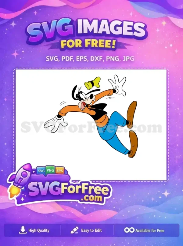 Free Goofy SVG design showing the classic character in a dynamic, surprised pose with wide eyes. Perfect for adding cartoon fun.