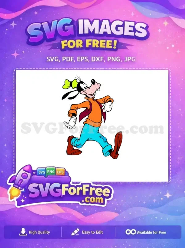 A vibrant, free SVG of Disney's Goofy enthusiastically striding, featuring his iconic hat, vest, and patched pants. Download this free vector now!