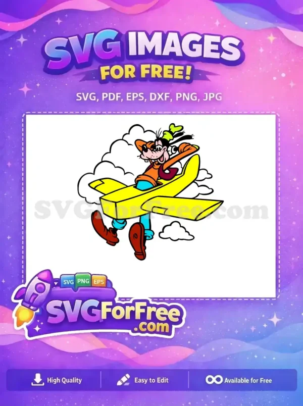 A free SVG of Goofy joyfully flying a bright yellow cartoon airplane through fluffy white clouds, perfect for fun projects.