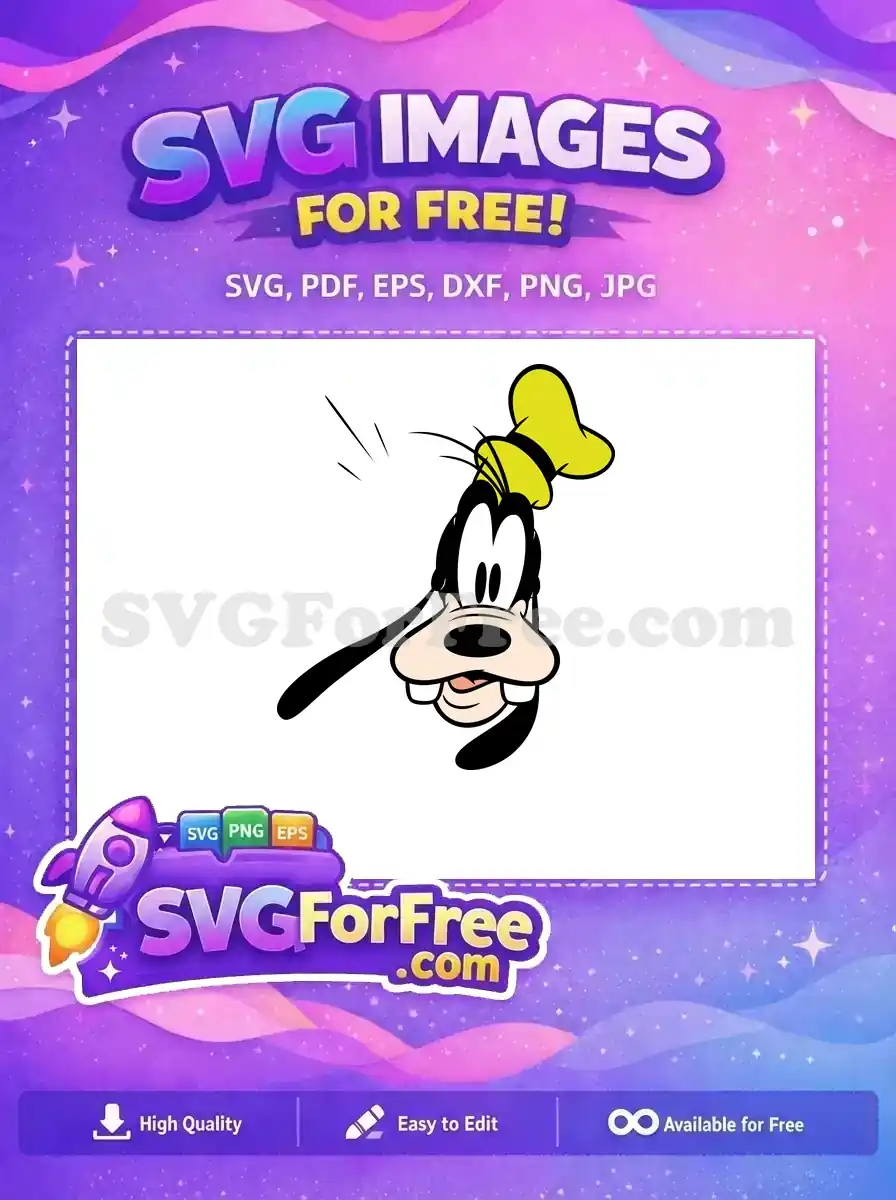 A free Goofy cartoon character headshot, looking surprised with a yellow hat, ideal for various creative projects. Download this free SVG design now!