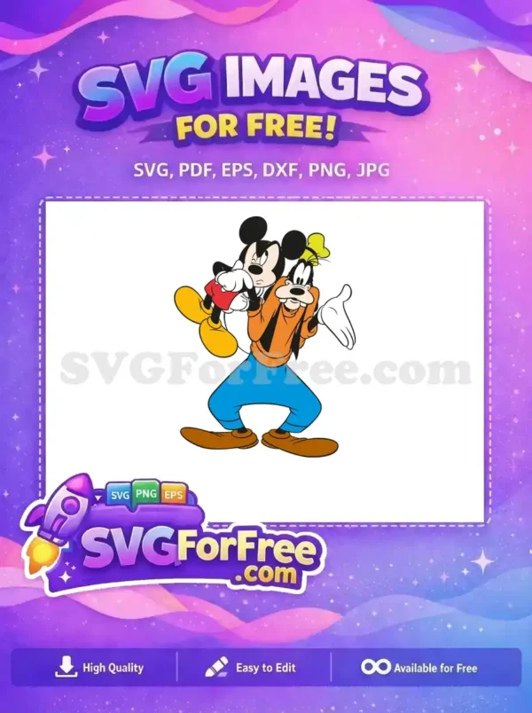 A delightful free design showcasing Goofy holding up Mickey Mouse, perfect for any fun project. Grab this free SVG!