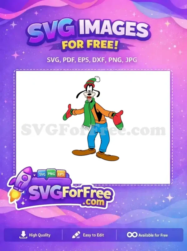 Free Goofy Winter SVG: Cheerful Holiday Character Design A vibrant free design of Goofy, cheerfully dressed in a red and green winter hat, scarf, and mittens. Ideal for holiday crafts.