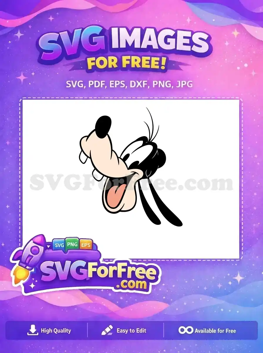 A free Goofy head SVG, featuring his iconic smiling face with an open mouth and tongue, ideal for free cartoon designs.