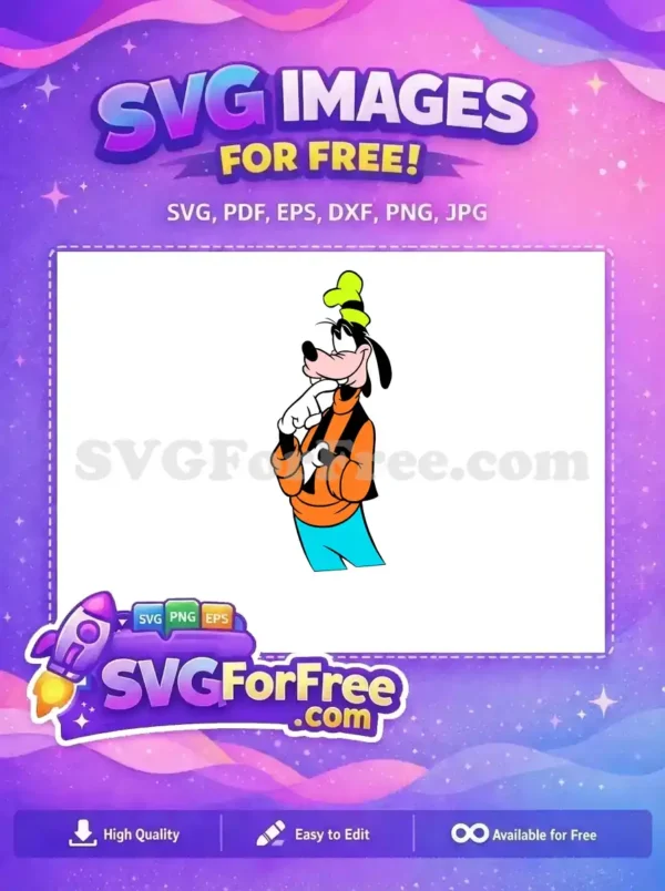 A free design of Goofy, the classic Disney character, in a thoughtful pose, wearing his iconic green hat and orange shirt. This free SVG is ready for your creative projects.
