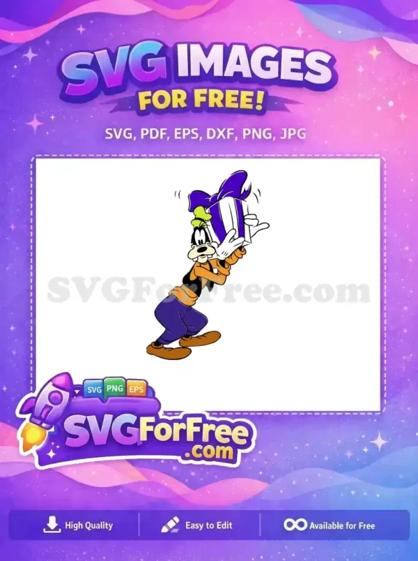 Free Goofy SVG featuring the beloved character presenting a vibrant gift box with a purple bow. Ideal free design for celebrations and crafts.
