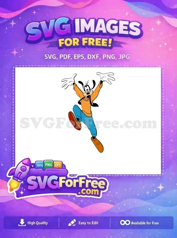 Experience the iconic Goofy in a lively jumping pose, a fantastic free design for all your creative needs. Download this free SVG now!
