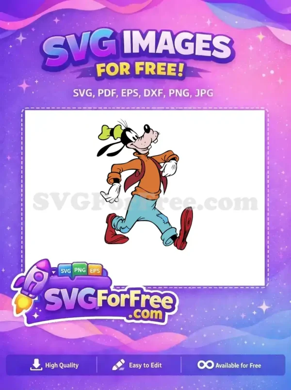 A full-body free SVG of Goofy, Disney's beloved character, in an energetic walking pose. A fantastic free download!