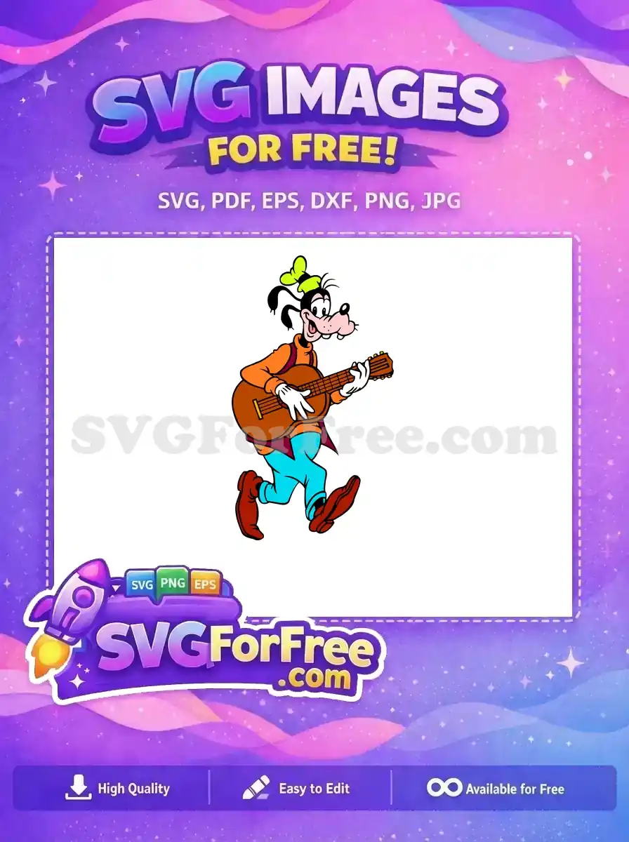 Free Goofy playing guitar SVG, a cheerful cartoon character in vibrant colors, perfect for your creative projects. Download this free design now!