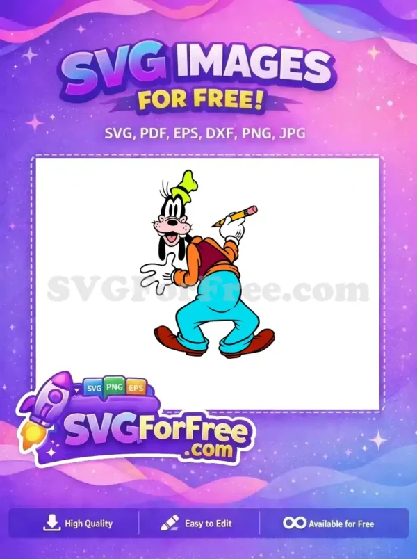 Free Goofy Drawing Fun SVG – Creative Cartoon Design A vibrant free SVG of Goofy smiling, holding a pencil, ready to draw. Ideal for fun, creative, free cartoon projects.