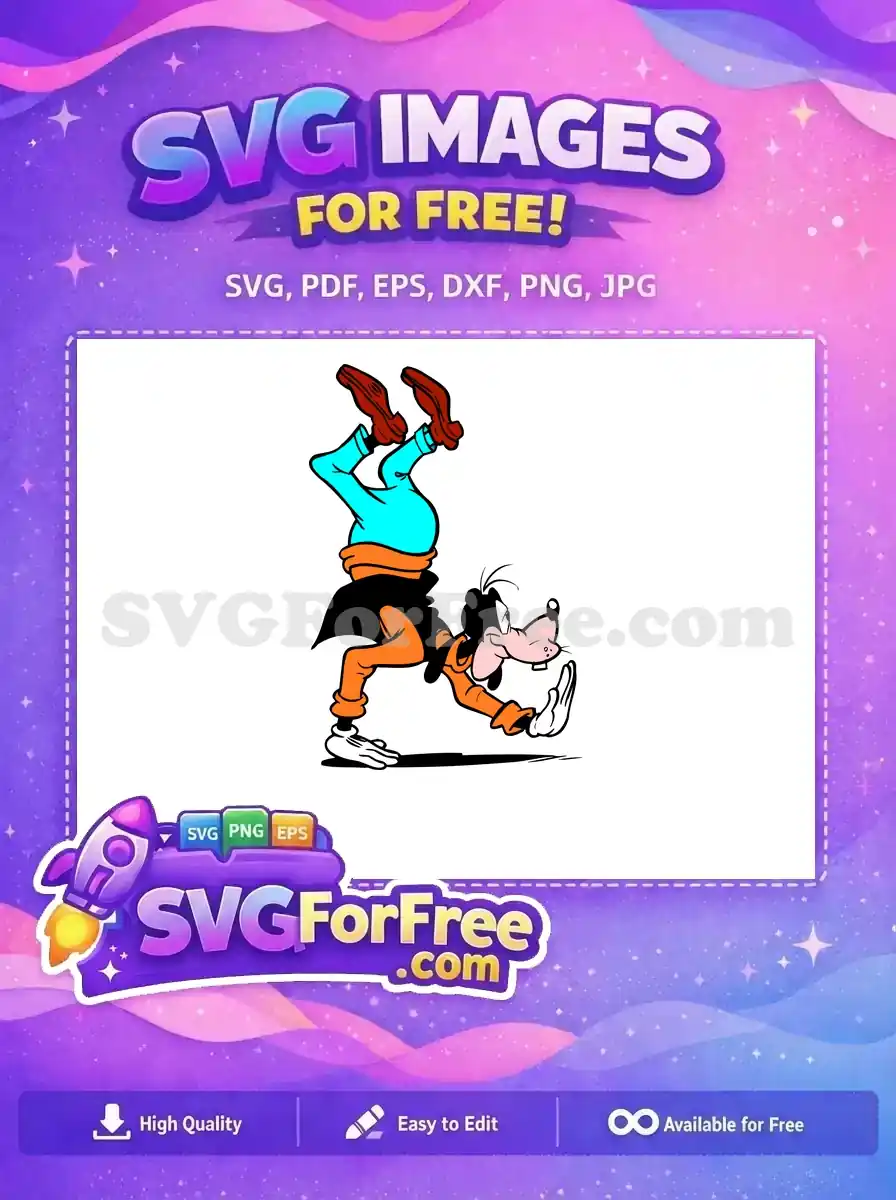 A free SVG of Disney's Goofy performing a handstand, with his legs in the air, ready for your creative free designs.