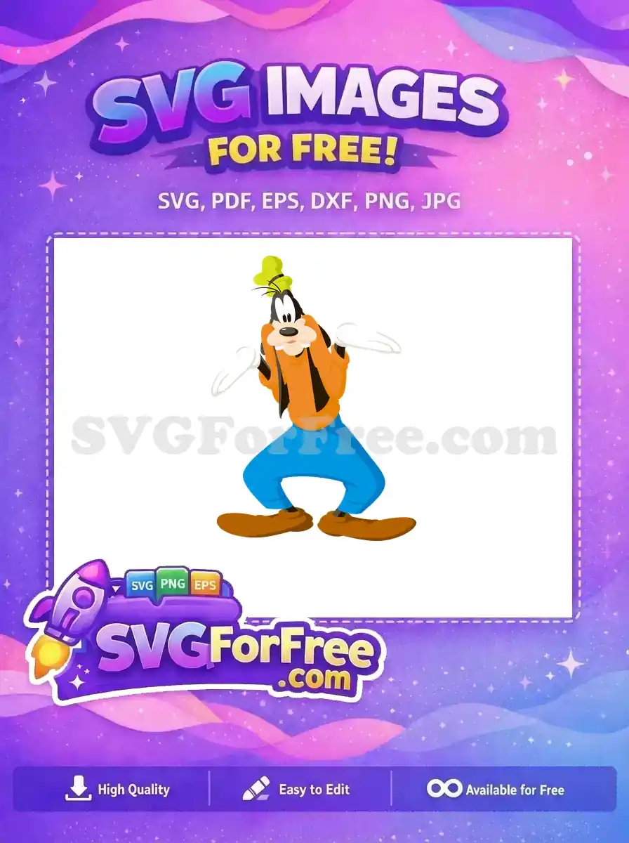 A vibrant free SVG of Disney's Goofy, striking a playful pose. This free cartoon design is ready for download and creative projects.