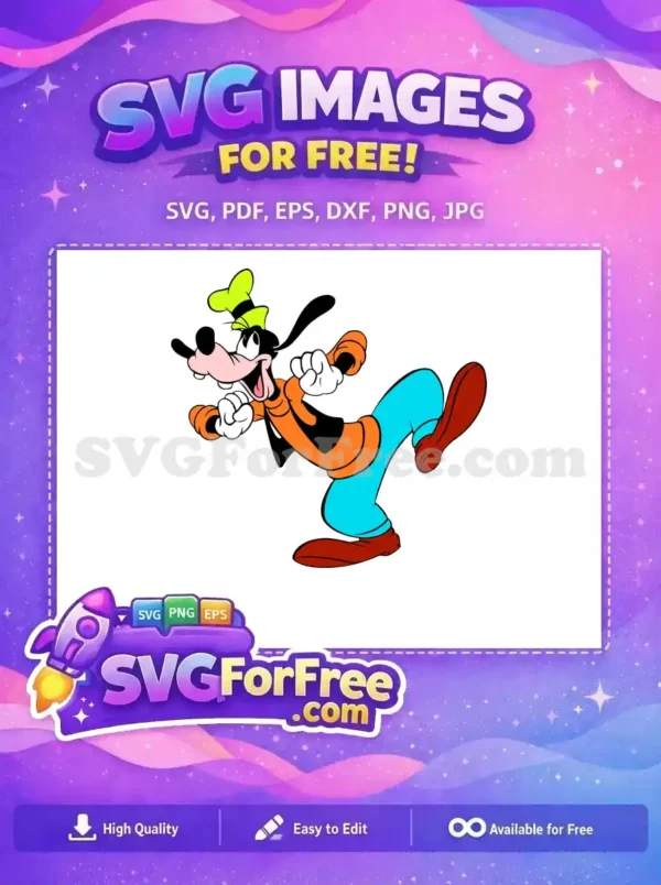 Explore this free dynamic Goofy cartoon character design, showcasing his joyful pose and iconic outfit. Perfect free SVG for fans!