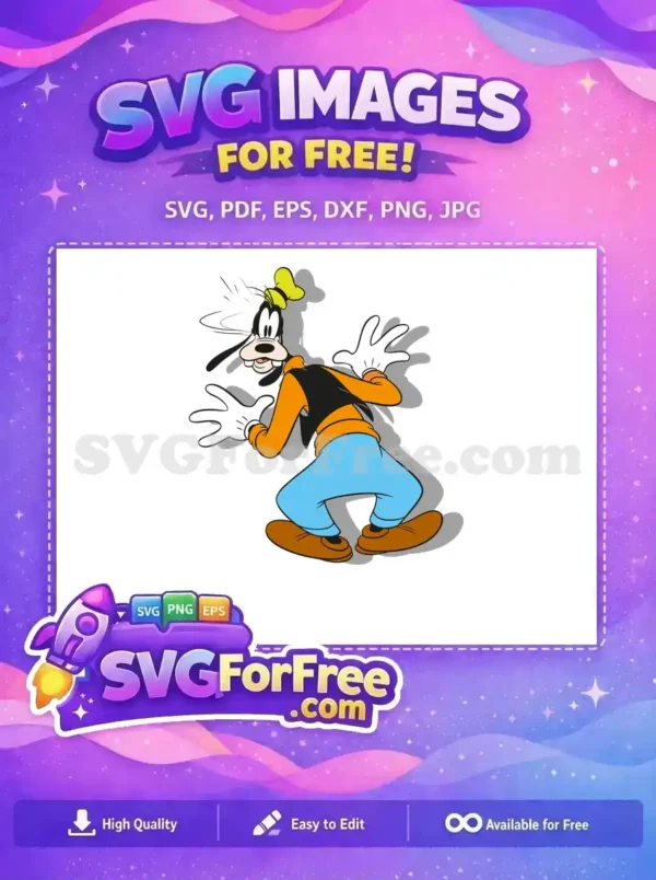 A vibrant, free Goofy SVG design, showcasing his classic, dynamic pose with a surprised, friendly expression. Ideal for any creative project.