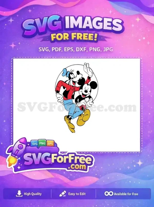A vibrant free design showcasing Mickey Mouse and Goofy happily dancing within a dashed circle, ready for your creative projects. Download this fun free SVG now!