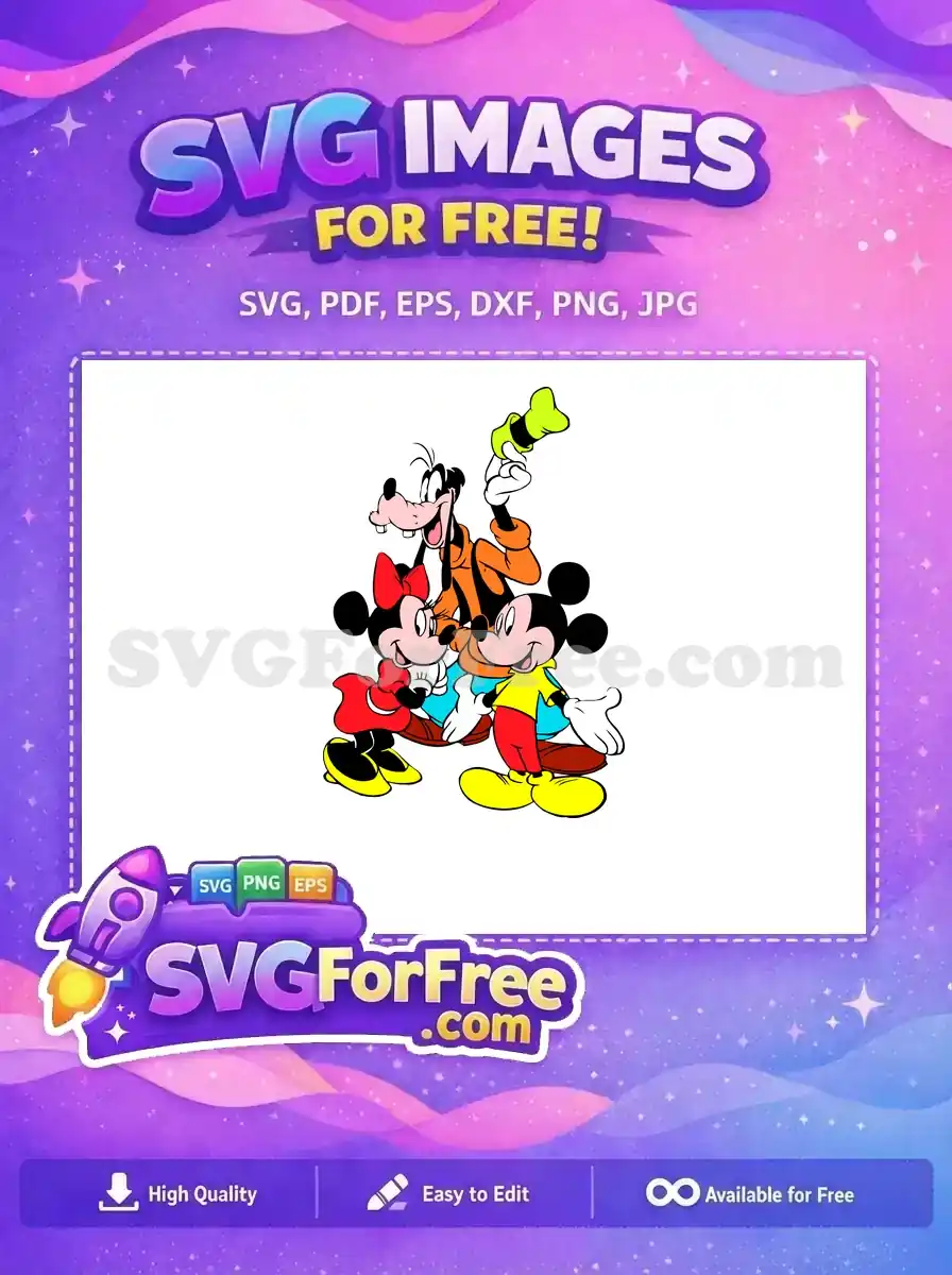 A vibrant free SVG of Mickey Mouse, Minnie Mouse, and Goofy, all smiling happily, perfect for various creative projects. Download now!