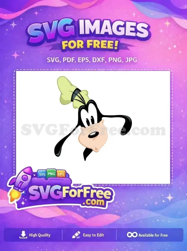 A charming free vector of Goofy's face, featuring his iconic hat and ears, perfect for any free creative project.