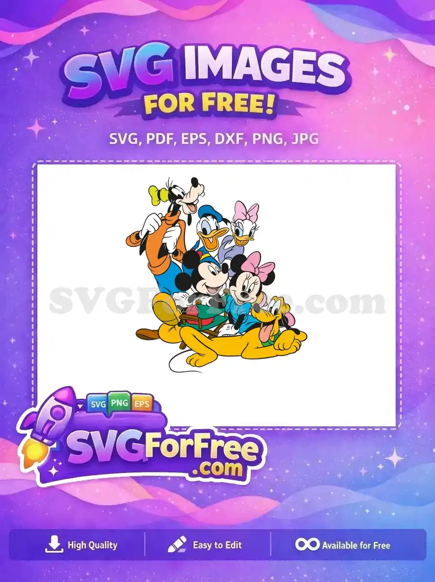 This free design features Mickey Mouse, Minnie, Donald, Daisy, Goofy, and Pluto smiling. Perfect free SVG for Disney crafts.