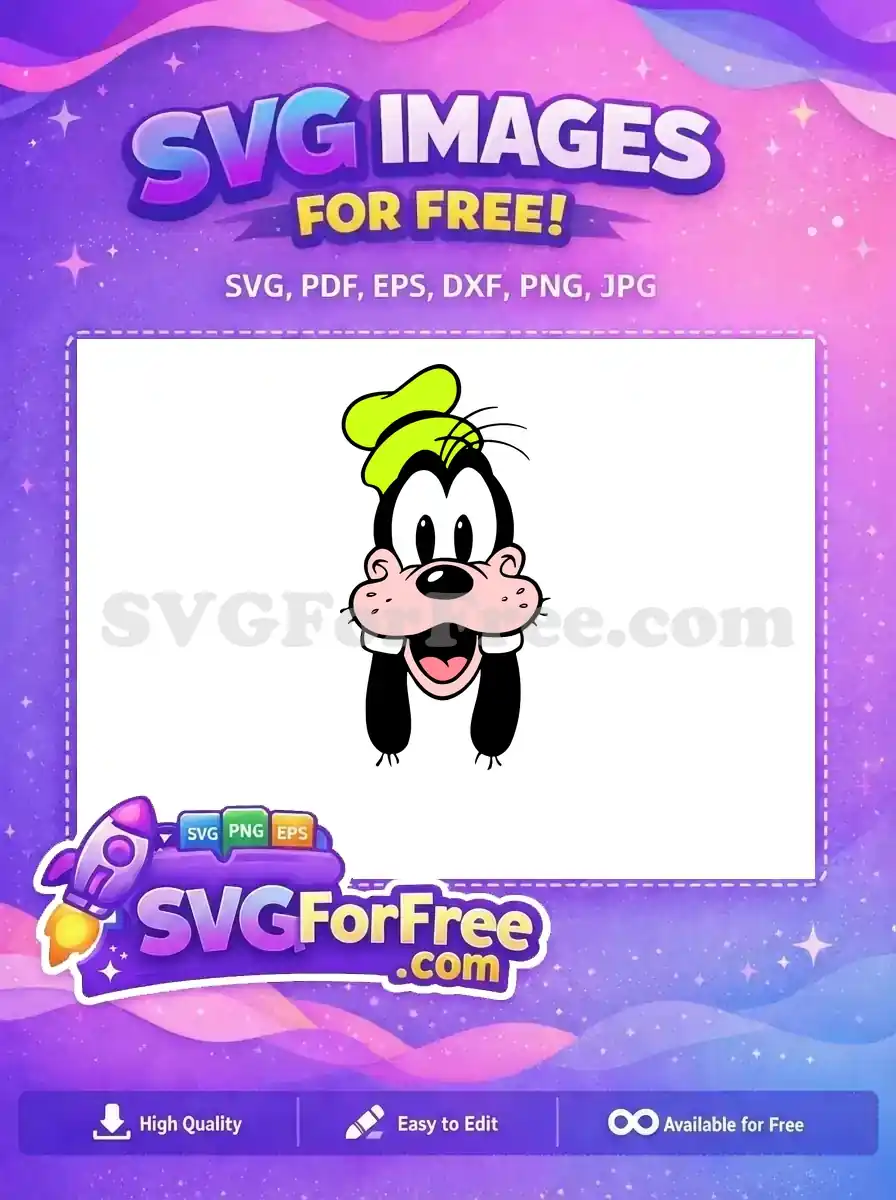 A free Goofy head design, featuring his iconic wide smile, big eyes, and bright green hat, ready for your creative projects.