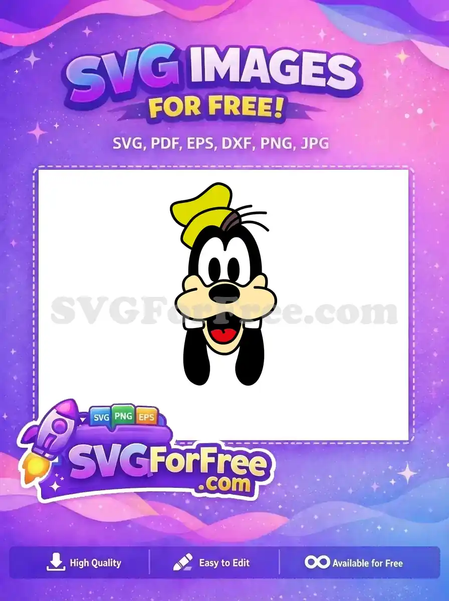 A free design showing Goofy's cheerful face, with wide eyes, a big smile, and his iconic yellow hat. Ideal for personal projects, it's a free design.