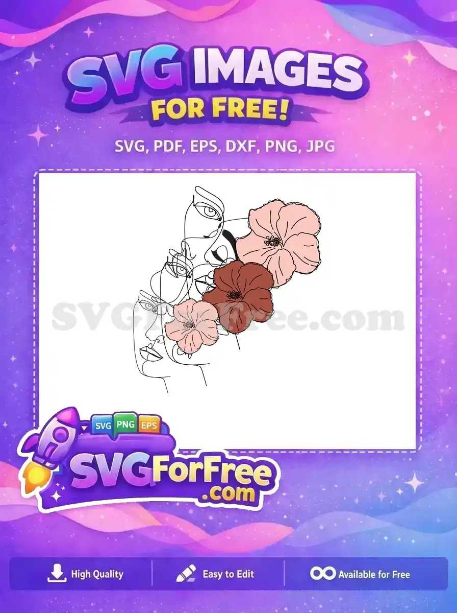 Free abstract line art SVG featuring interwoven female faces and vibrant hibiscus flowers, ideal for unique creative projects. Free download.