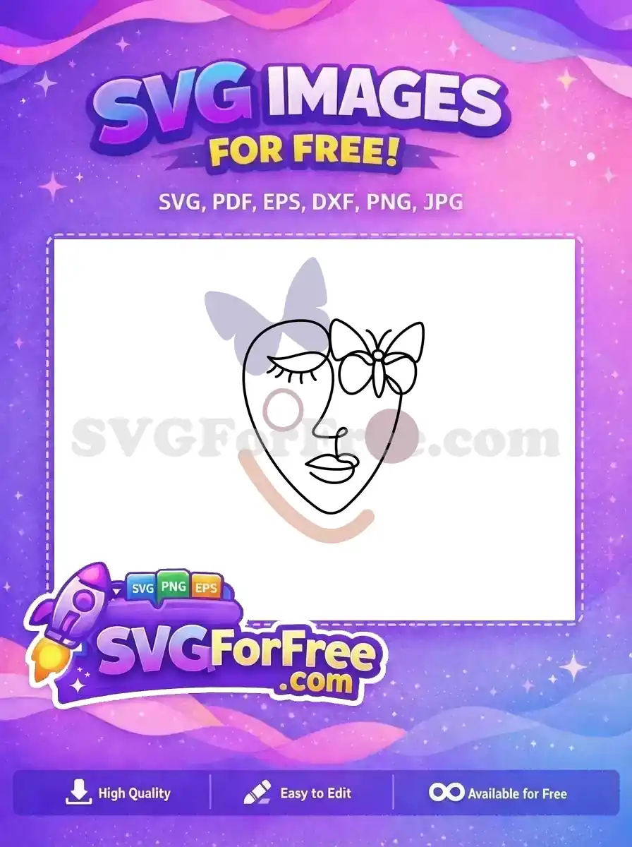 Free line art face with butterflies and abstract shapes, an artistic free design for modern projects and aesthetic appeal.