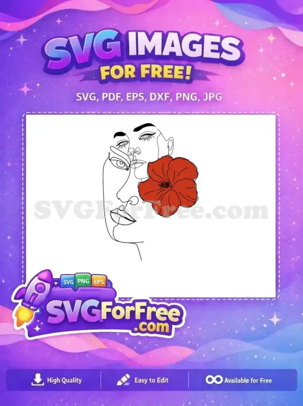 This free line art SVG features abstract female faces intertwined with a striking red flower, perfect for free creative projects.