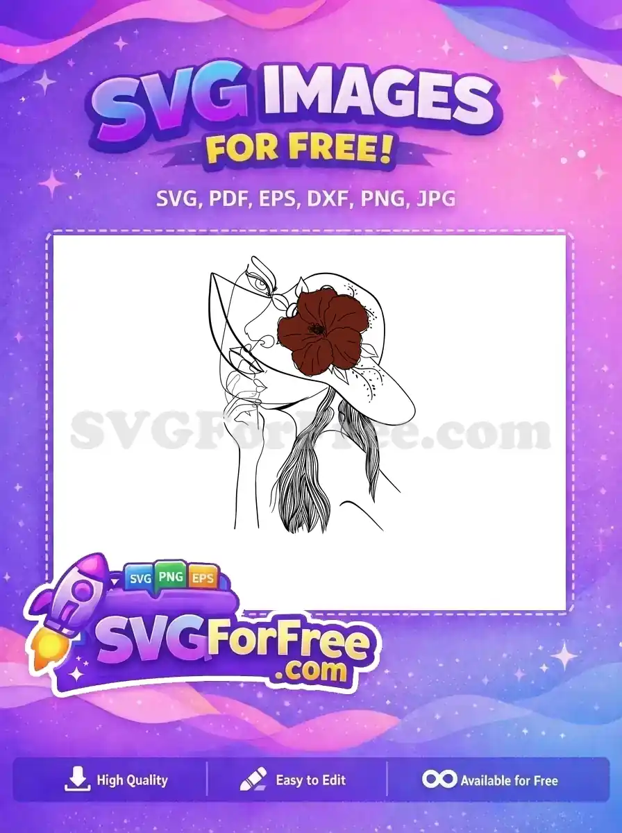 Free elegant line art of a woman in a wide-brimmed hat with a bold red flower, ideal for diverse projects. A free artistic SVG design.