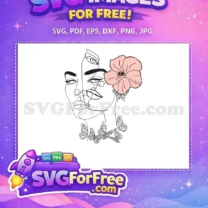 Free line art SVG featuring a woman's face in continuous line style with a delicate pink flower and swirling butterflies, offering a unique artistic expression for any project.