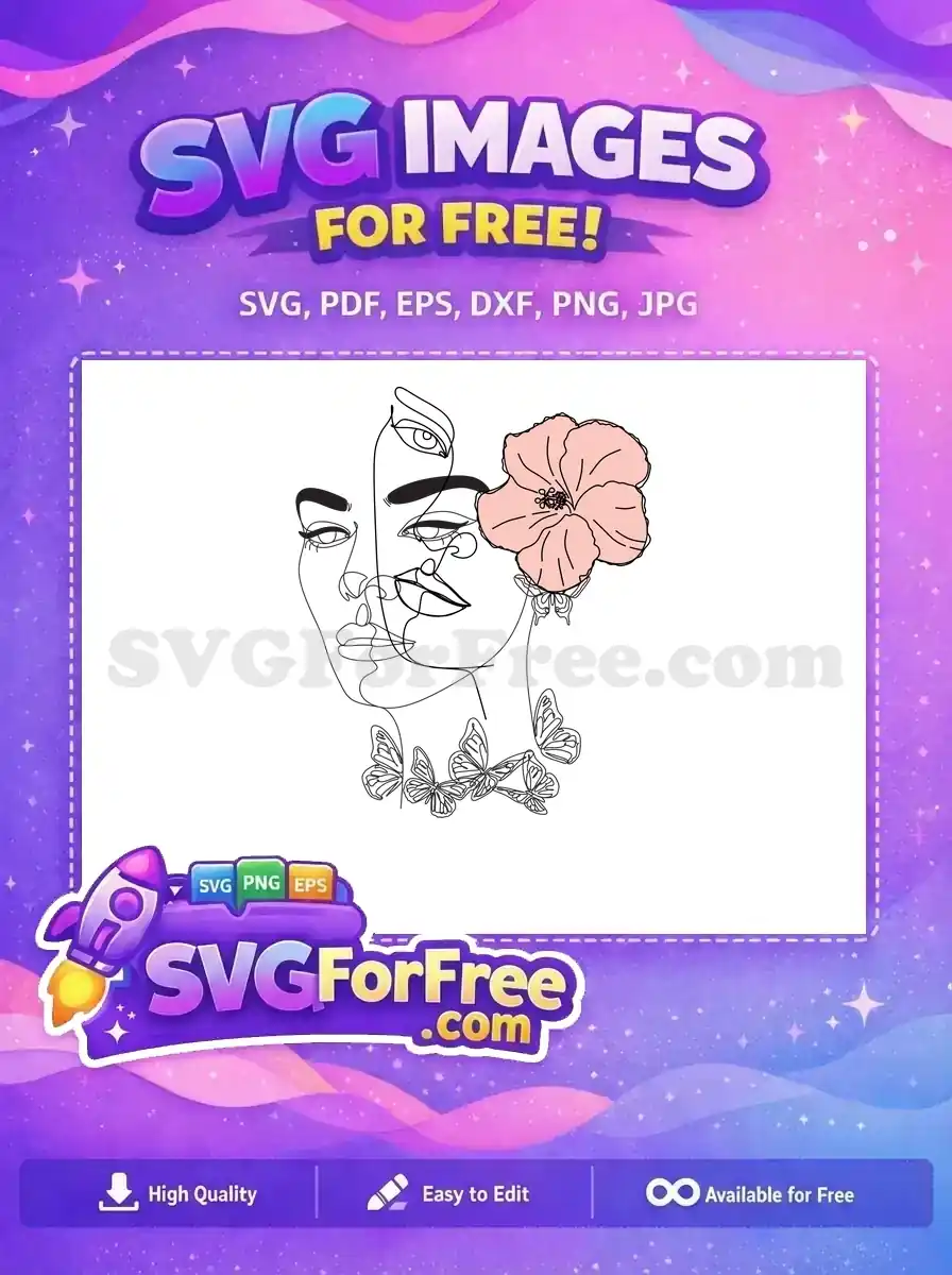 Free line art SVG featuring a woman's face in continuous line style with a delicate pink flower and swirling butterflies, offering a unique artistic expression for any project.